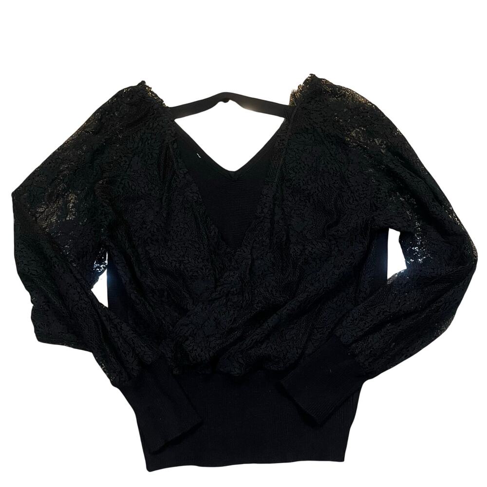 Womens M Black Lace Wrap Long Sleeve Blouse‎ V Neck Sheer Gothic Party Top